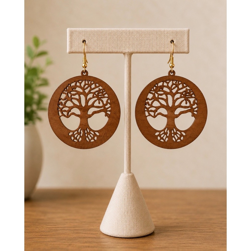 Boho Wooden Tree of Life Dangle Earrings Lightweight Nature Jewelry handmade